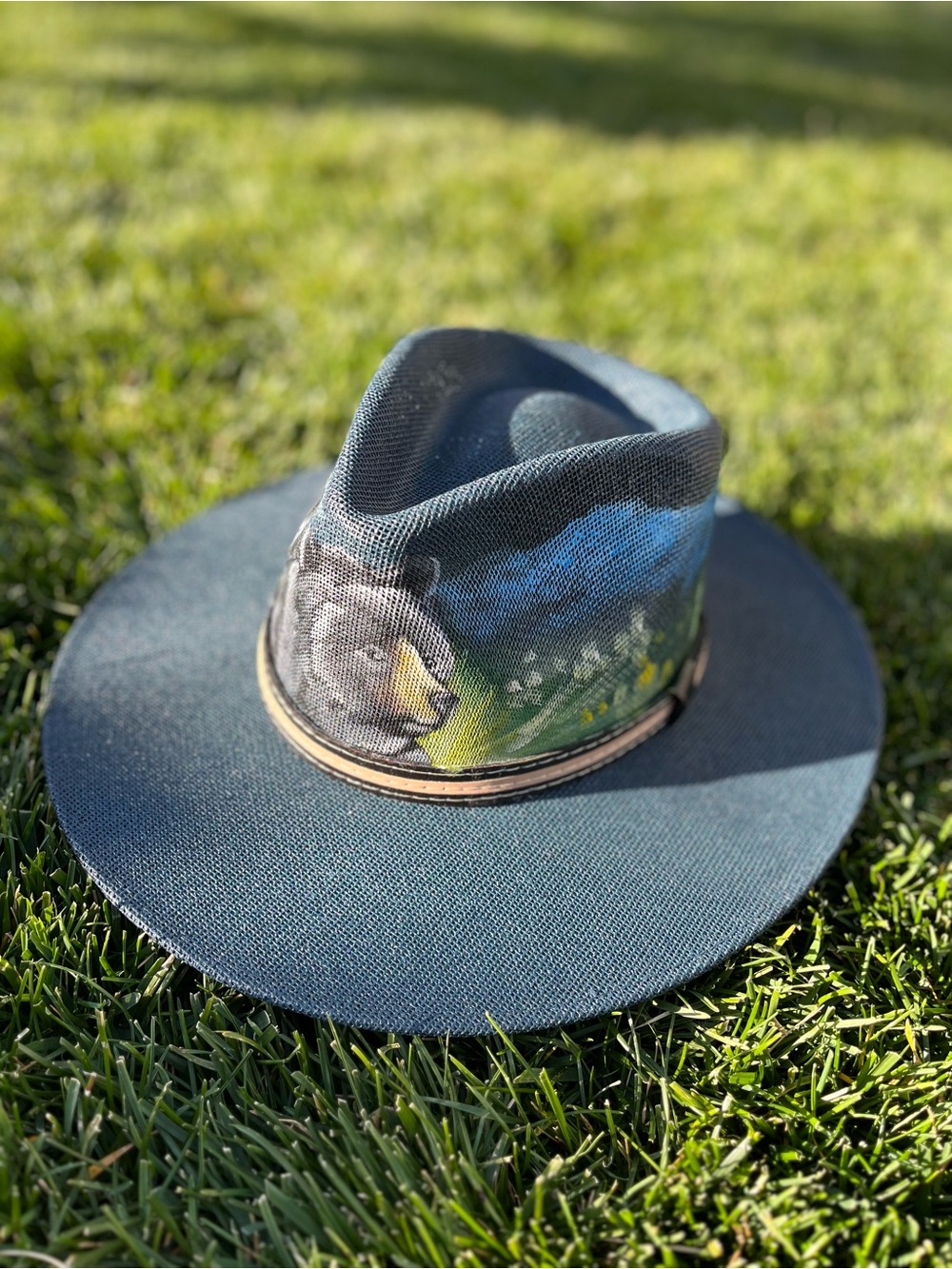 Unisex Hand-Painted Bear 🐻 Blue Hat